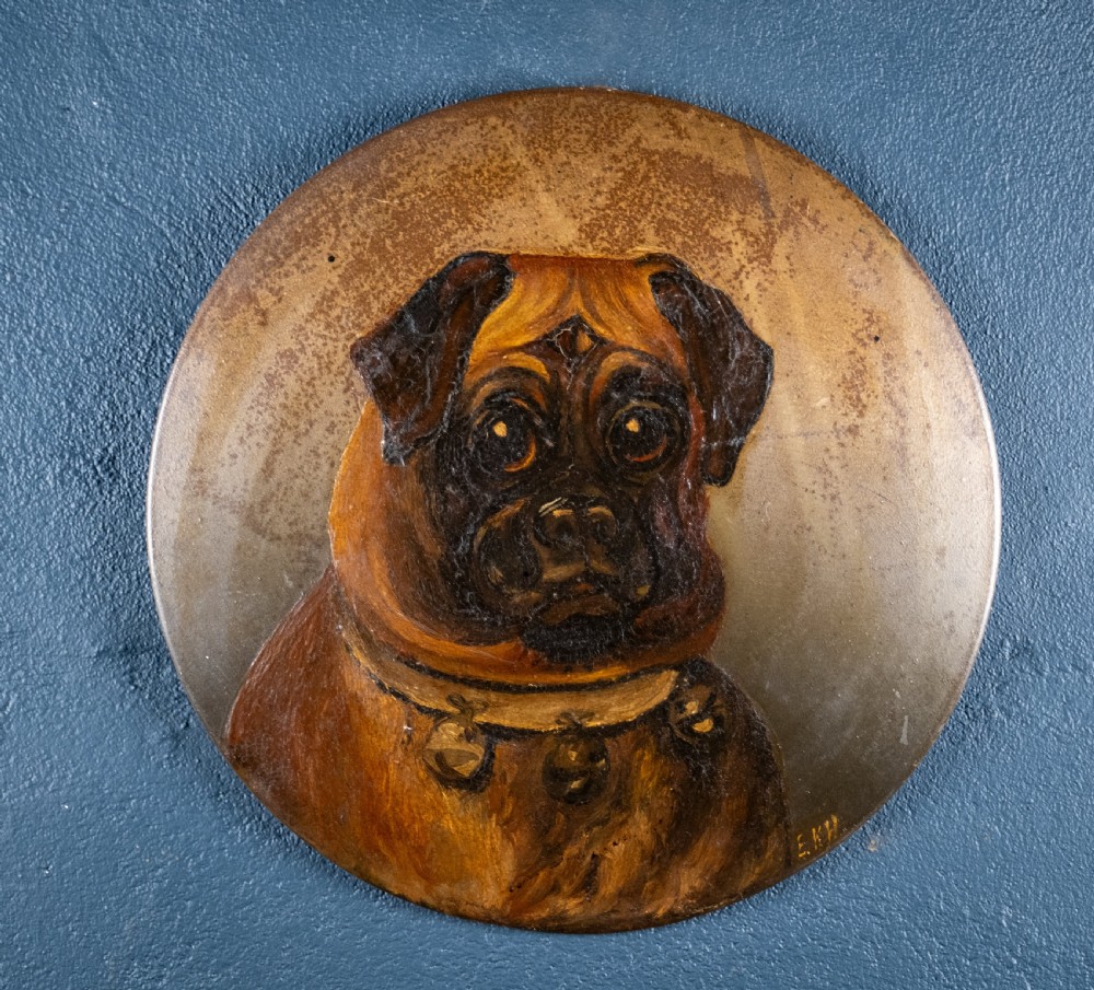 Pug With Bell Collar - Oil on Tin. Naive School. C.1900.