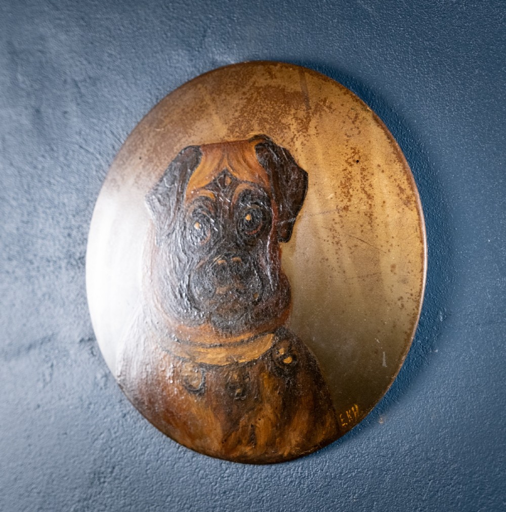 Pug With Bell Collar - Oil on Tin. Naive School. C.1900. View II