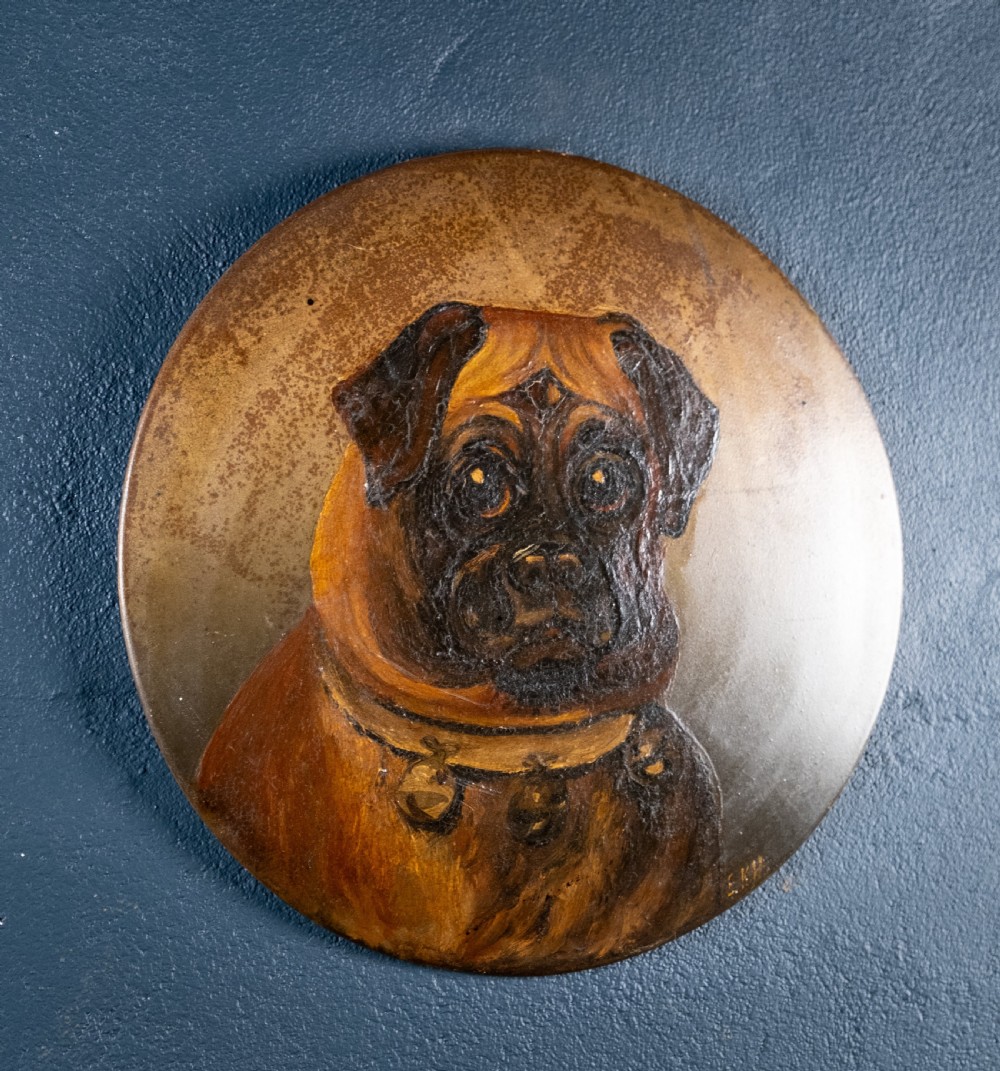 Pug With Bell Collar - Oil on Tin. Naive School. C.1900. View III