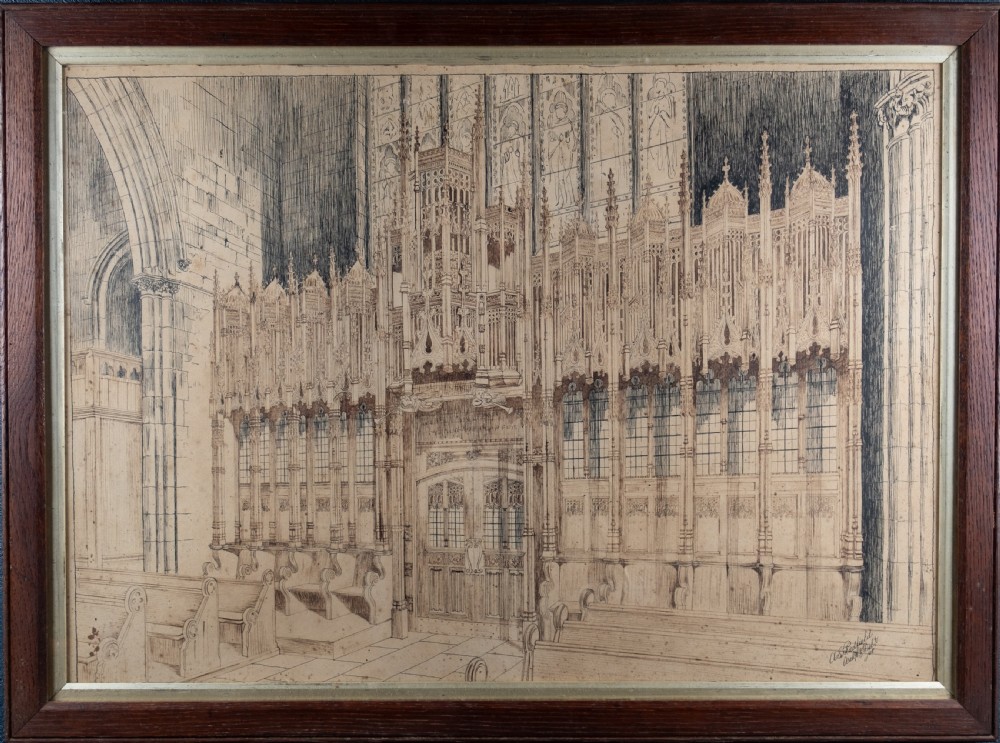 Large Architectural Pen & Ink Drawing Of A Cathedral, Dated 1908