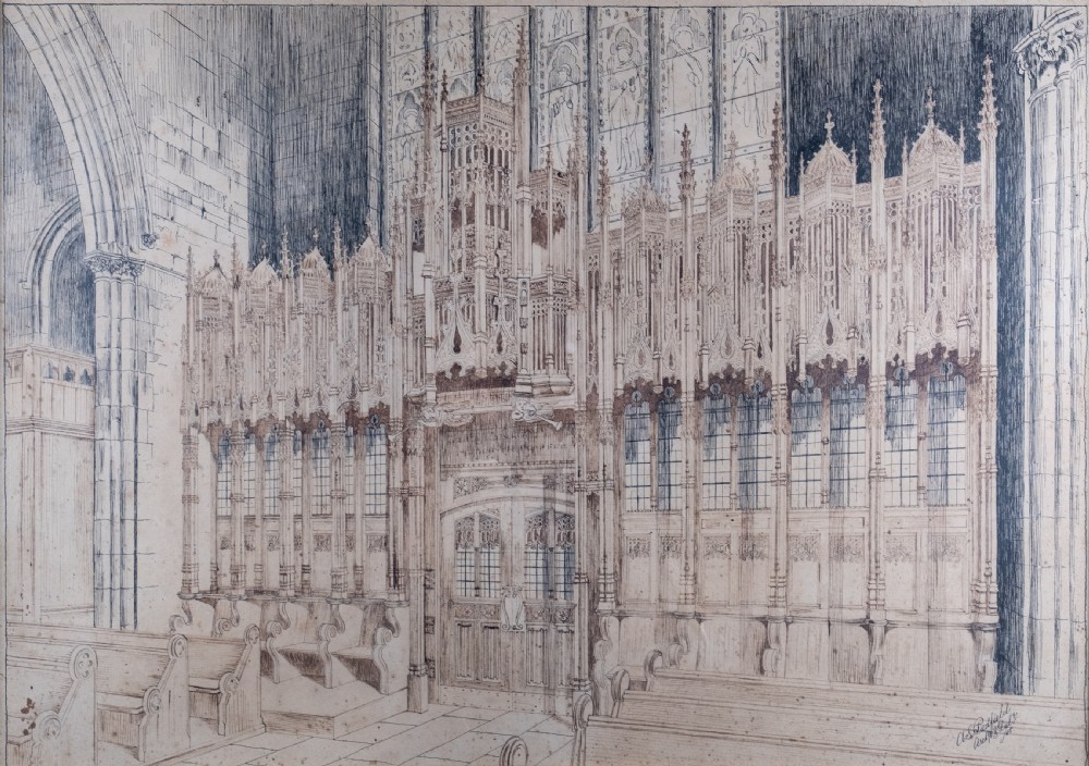 Large Architectural Pen & Ink Drawing Of A Cathedral, Dated 1908 View III