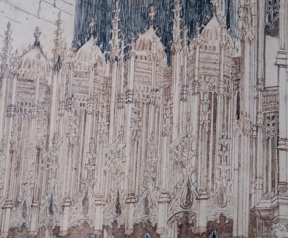 Large Architectural Pen & Ink Drawing Of A Cathedral, Dated 1908 View IX