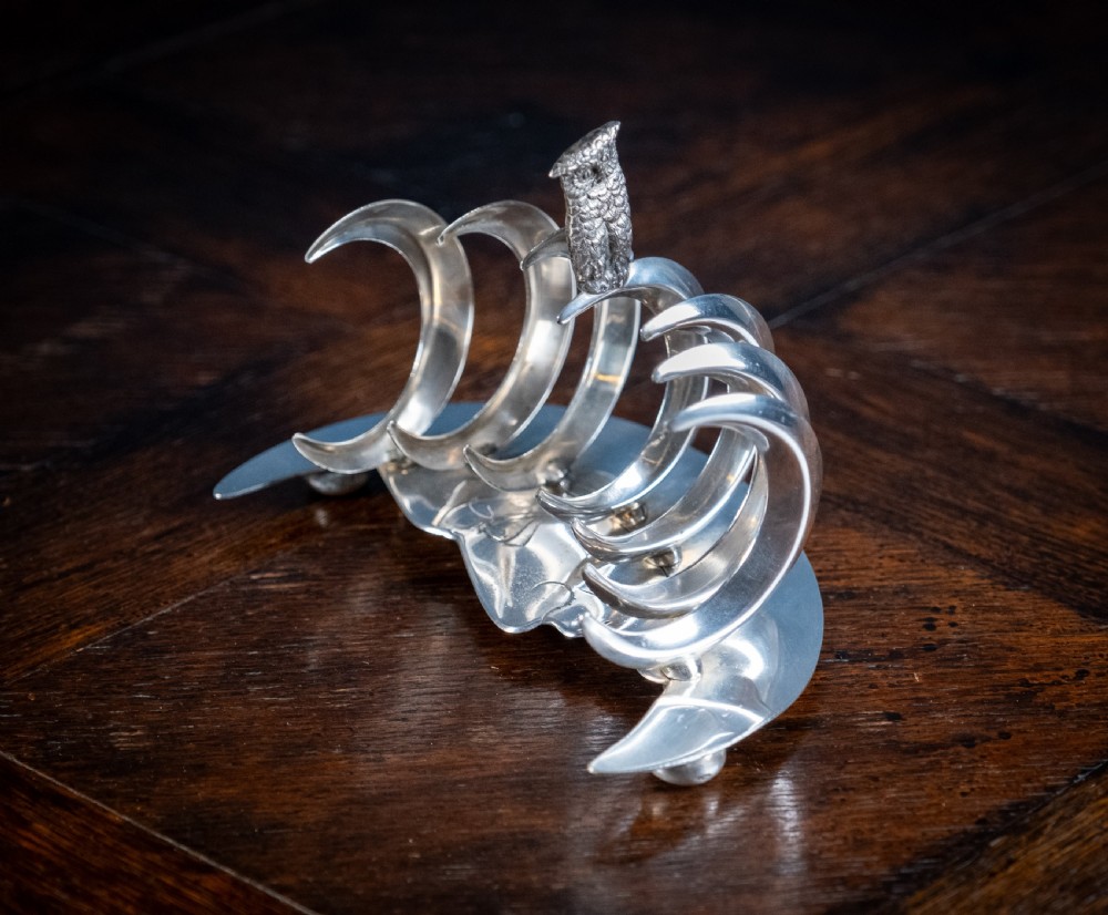 Owl & Moon Silver Plated Toast Rack by Pridham & Sons, Torquay, c.1920