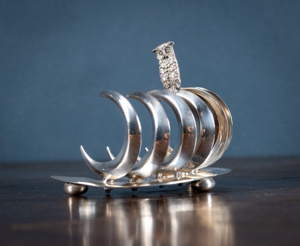 Owl & Moon Silver Plated Toast Rack by Pridham & Sons, Torquay, c.1920 View II