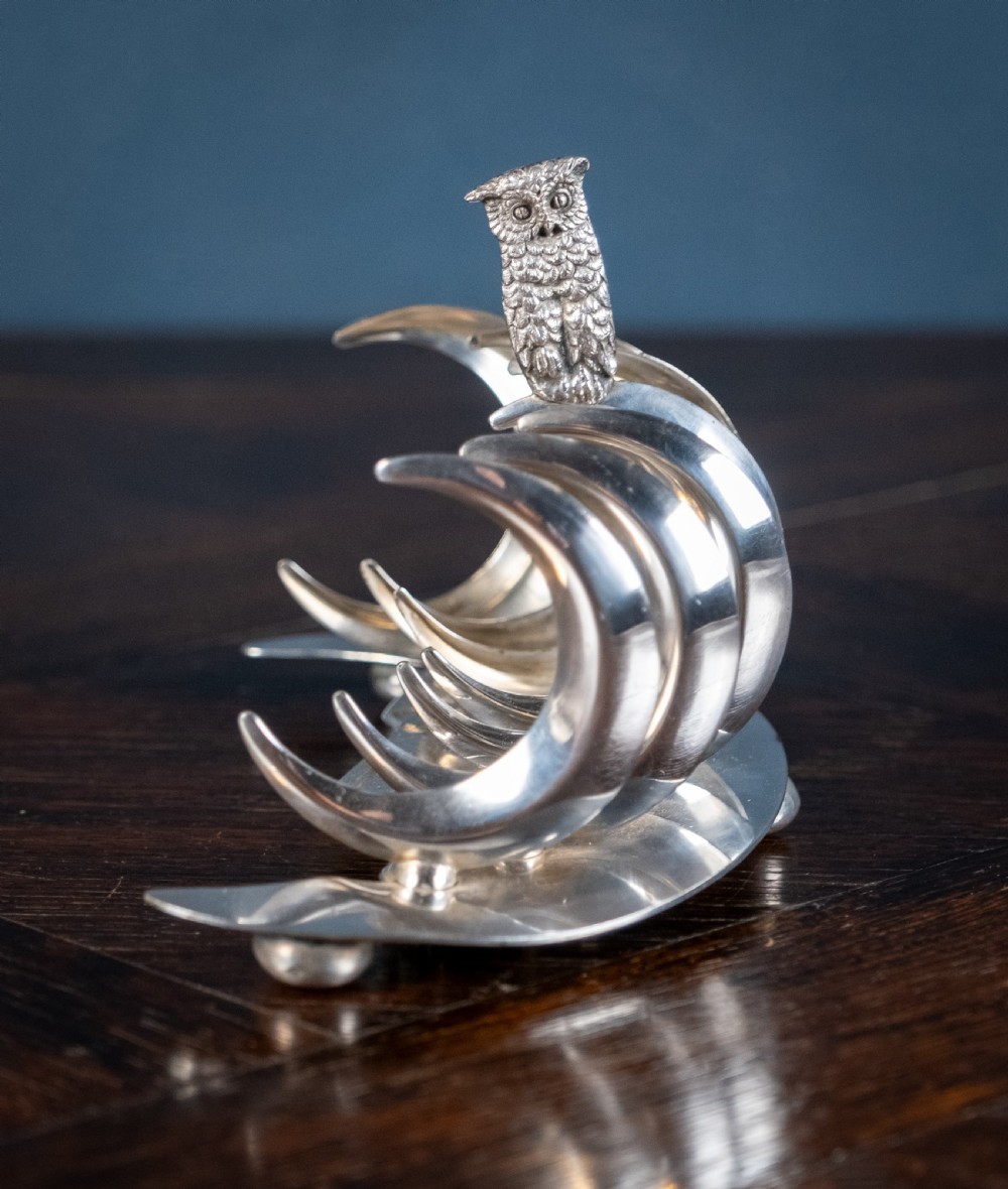 Owl & Moon Silver Plated Toast Rack by Pridham & Sons, Torquay, c.1920 View III
