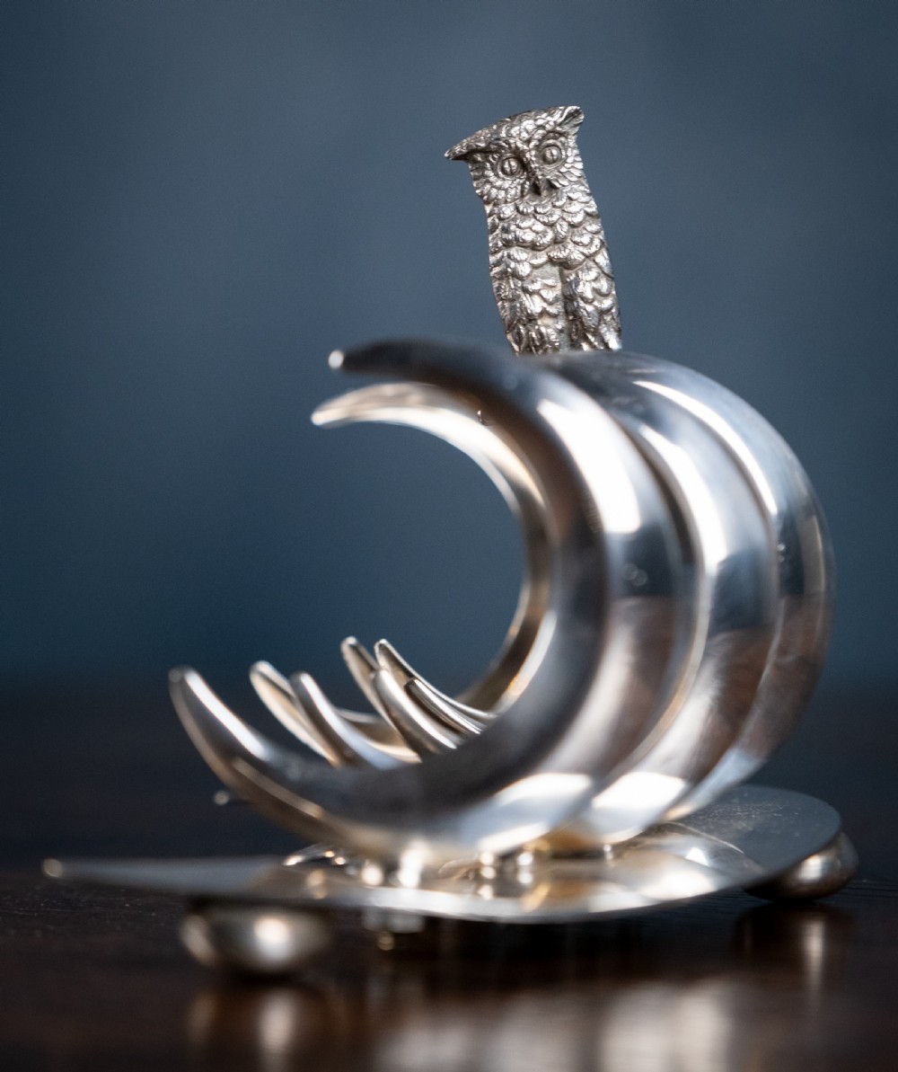 Owl & Moon Silver Plated Toast Rack by Pridham & Sons, Torquay, c.1920 View VIII