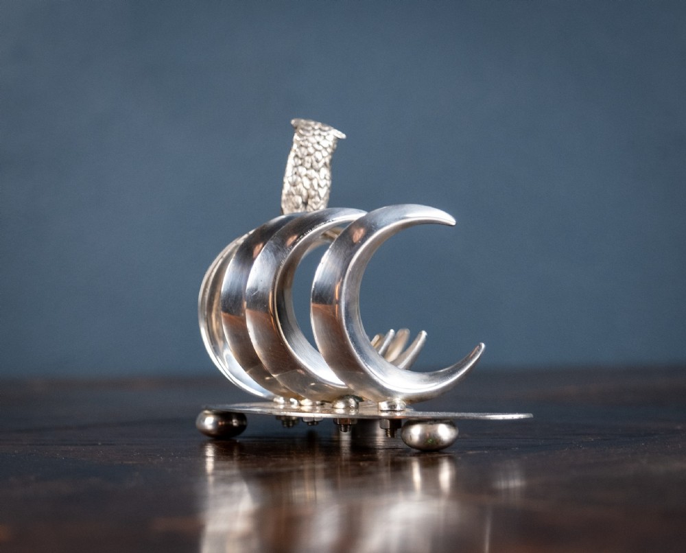 Owl & Moon Silver Plated Toast Rack by Pridham & Sons, Torquay, c.1920 View X
