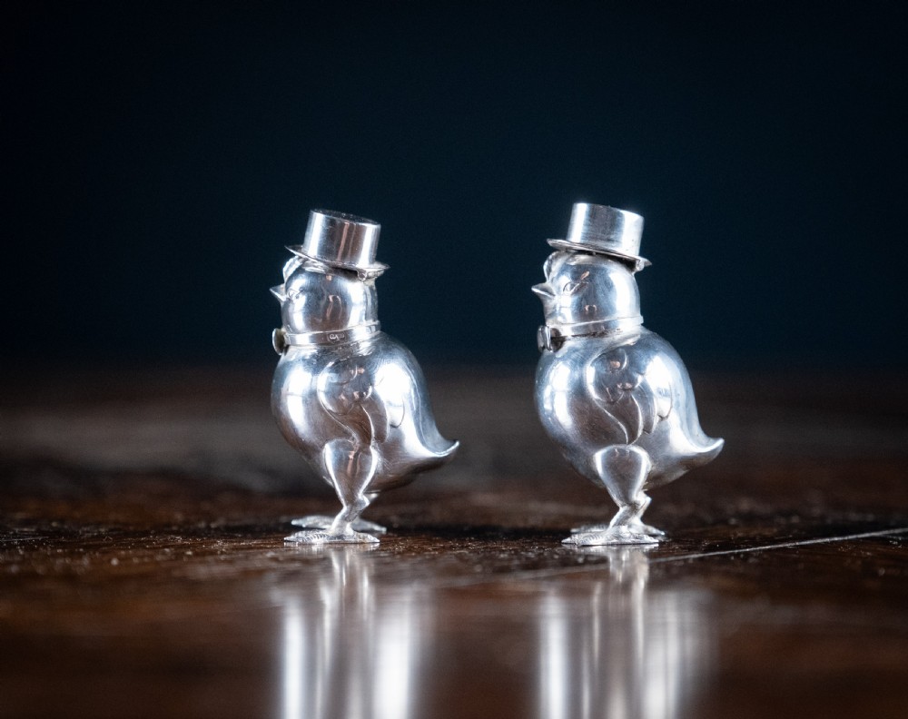 Pair Of Novelty Silver Chick Pepperettes, c.1920 View II
