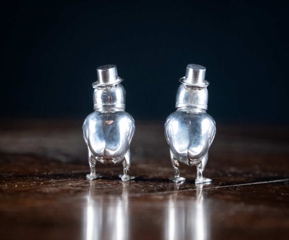Pair Of Novelty Silver Chick Pepperettes, c.1920 View III
