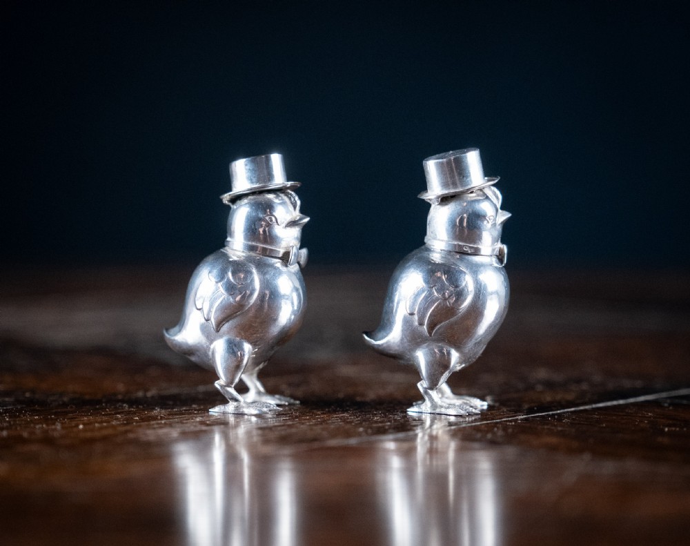Pair Of Novelty Silver Chick Pepperettes, c.1920 View IV