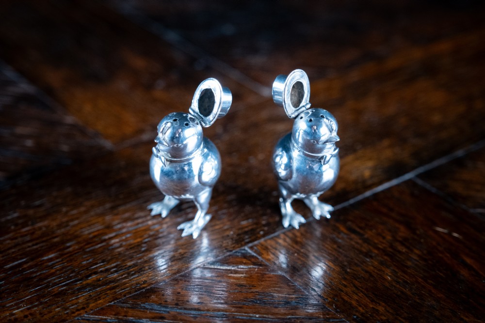 Pair Of Novelty Silver Chick Pepperettes, c.1920 View VII