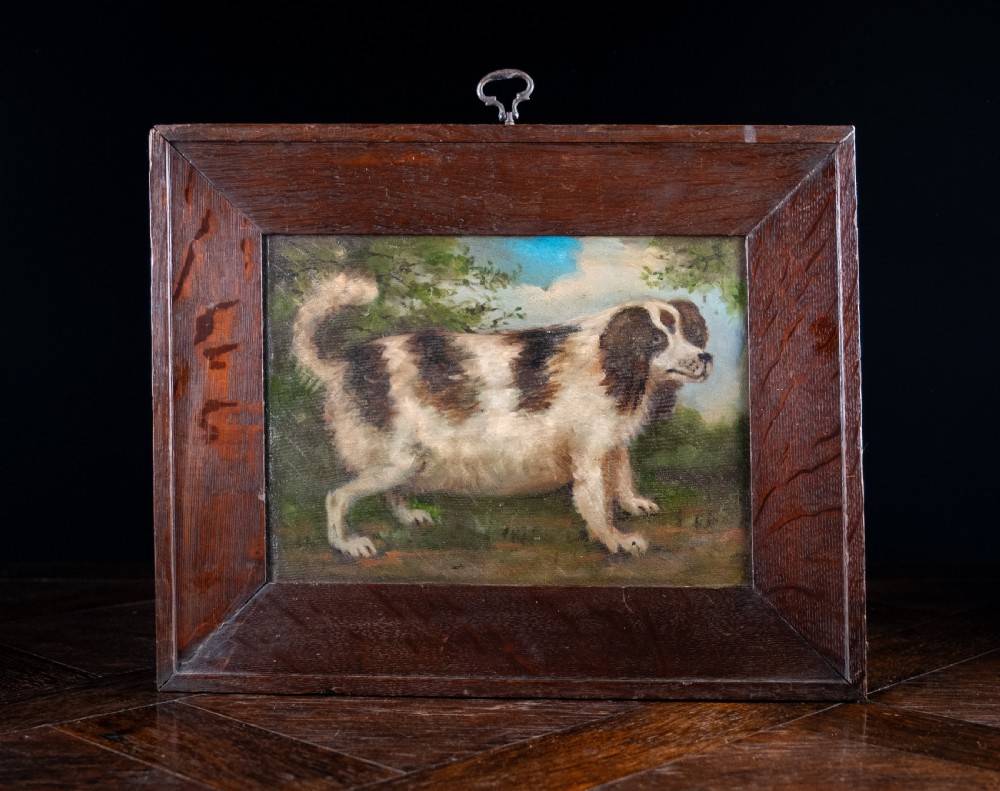 Folk Art Portrait Of A Spaniel. Oil On Board.