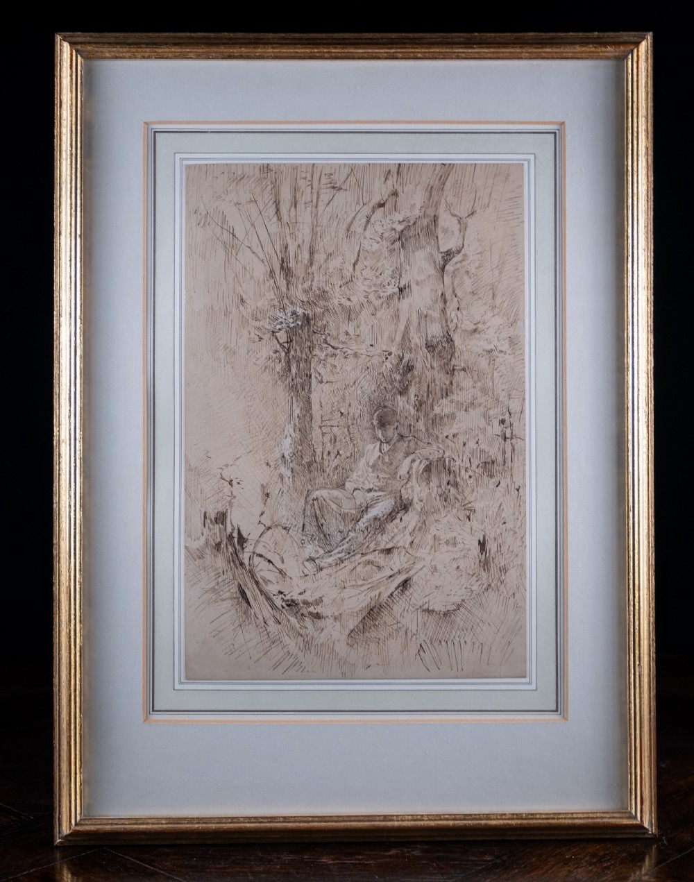 Pen, Ink & Watercolour - Man Resting Amongst Trees View VI