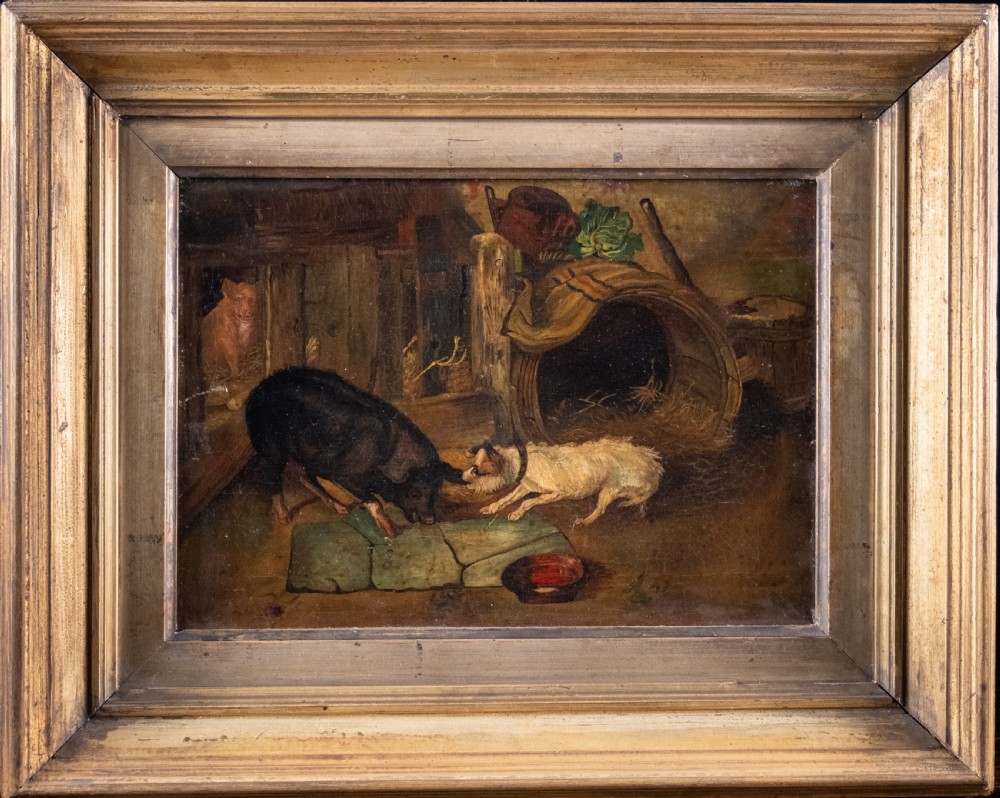 'The Dog & Hog' 19th Century Oil On Canvas. Naive School.