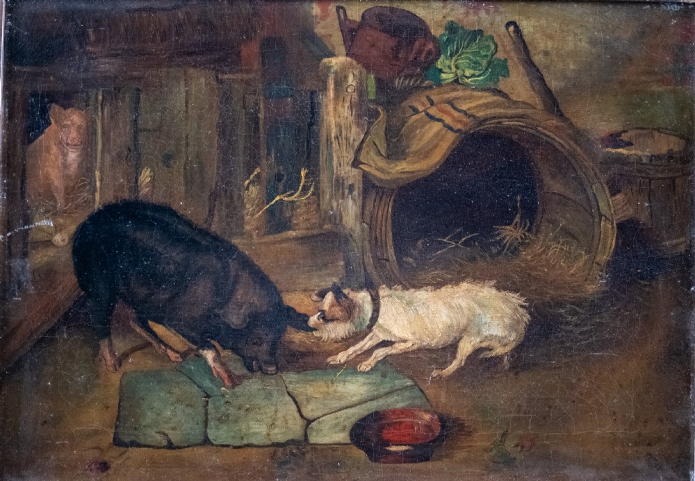 'The Dog & Hog' 19th Century Oil On Canvas. Naive School. View II