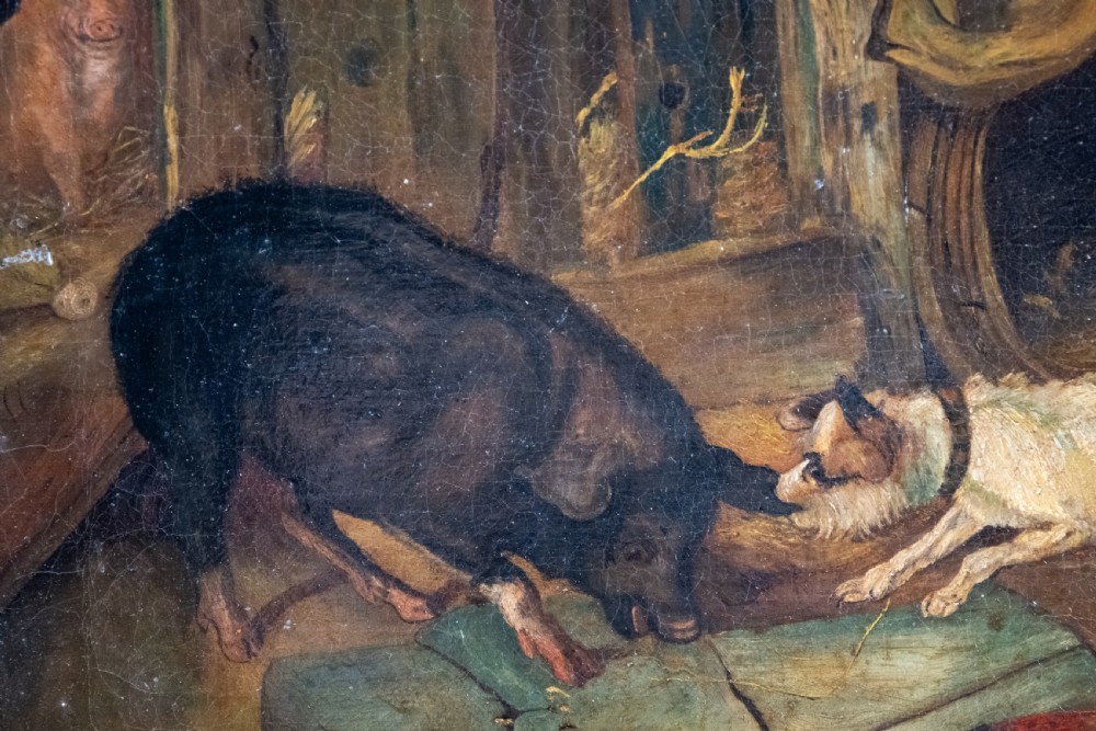 'The Dog & Hog' 19th Century Oil On Canvas. Naive School. View III