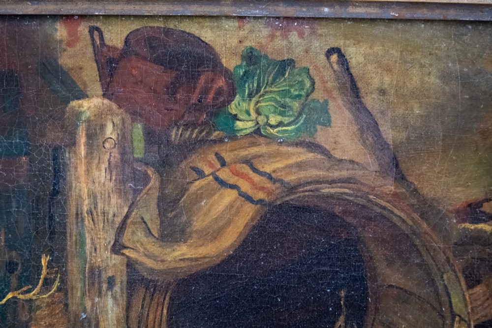 'The Dog & Hog' 19th Century Oil On Canvas. Naive School. View VI