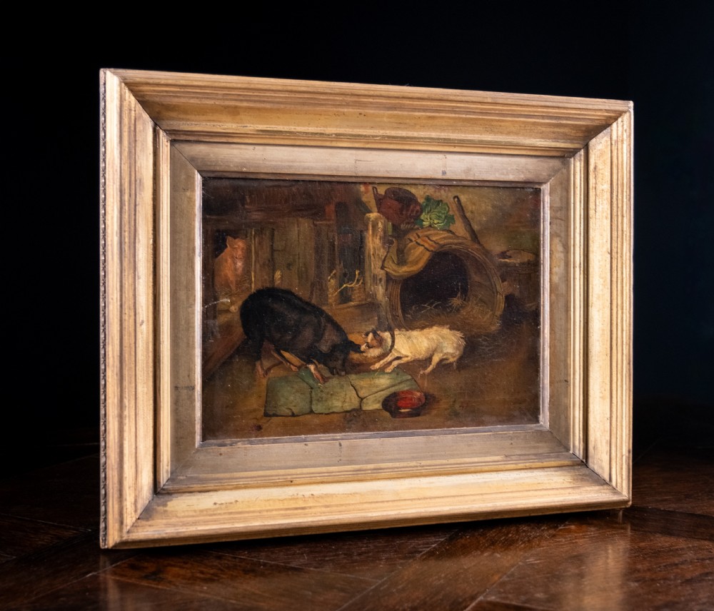 'The Dog & Hog' 19th Century Oil On Canvas. Naive School. View VII