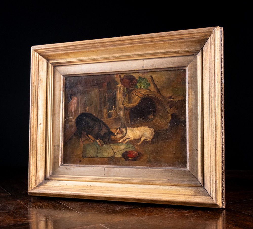 'The Dog & Hog' 19th Century Oil On Canvas. Naive School. View VIII