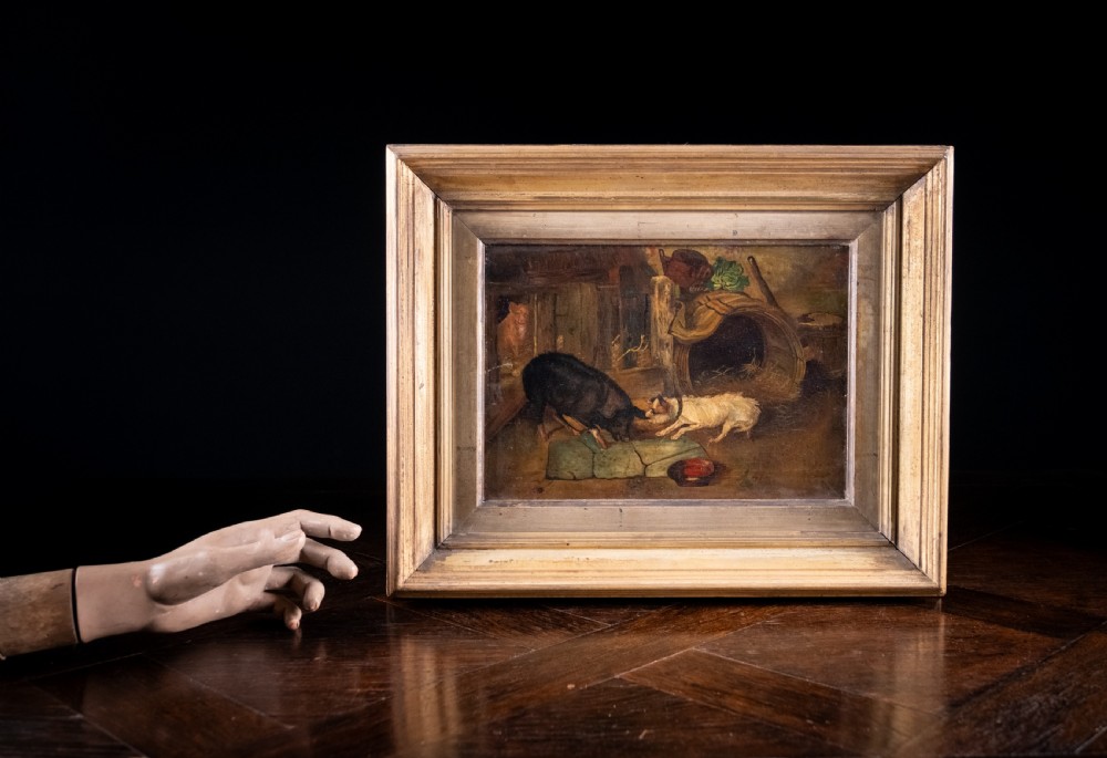'The Dog & Hog' 19th Century Oil On Canvas. Naive School. View IX