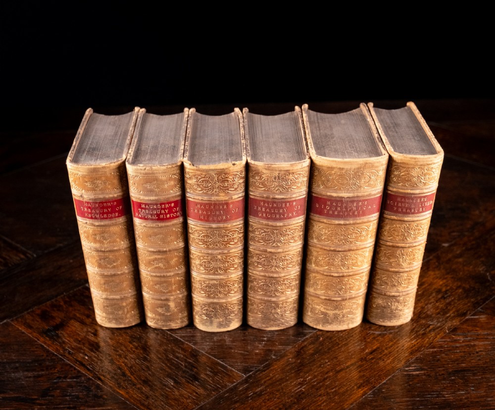 A set of six Victorian calf leather bound books standing vertically with gilt-tooled spines and crimson title labels. View II