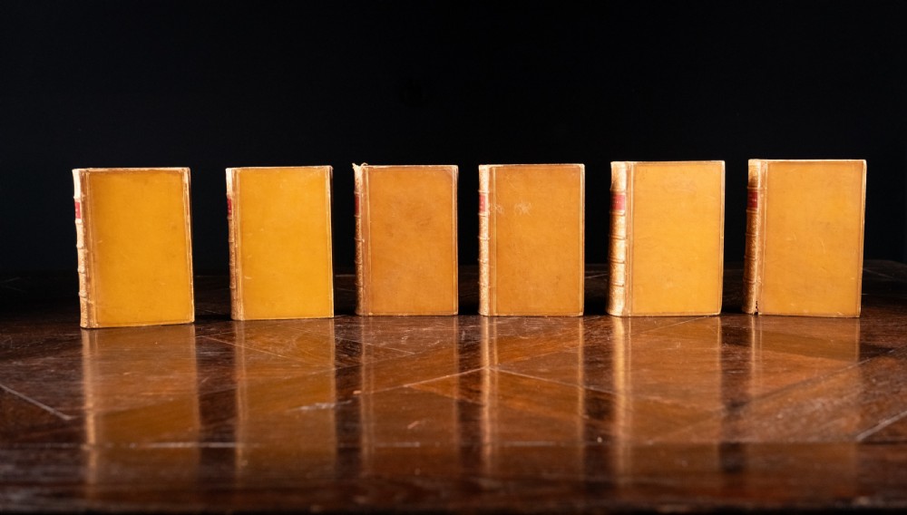 A set of six Victorian calf leather bound books standing vertically with gilt-tooled spines and crimson title labels. View V