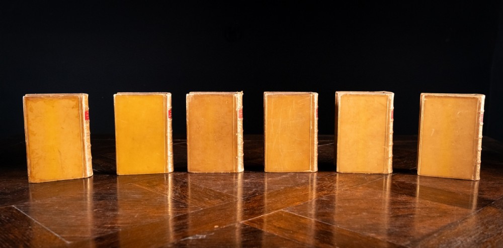 A set of six Victorian calf leather bound books standing vertically with gilt-tooled spines and crimson title labels. View VI