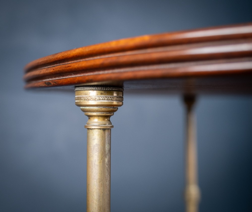 A two-tier Regency mahogany dumb waiter featuring a turned central column, brass uprights, and a tripartite base with castors. View IV