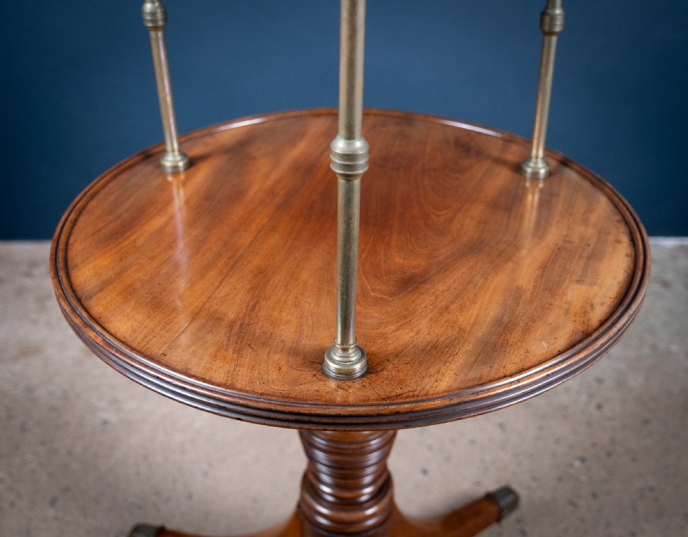 A two-tier Regency mahogany dumb waiter featuring a turned central column, brass uprights, and a tripartite base with castors. View VII