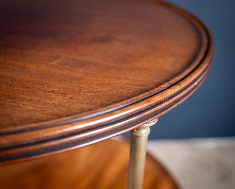 A two-tier Regency mahogany dumb waiter featuring a turned central column, brass uprights, and a tripartite base with castors. View X