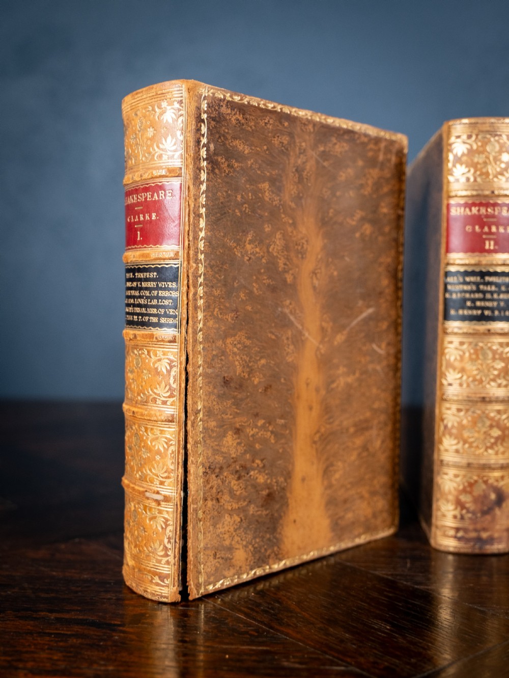 A four-volume set of 1881 Shakespeare leather-bound books standing upright, featuring heavily gilt-tooled spines with red and black title labels. View VII