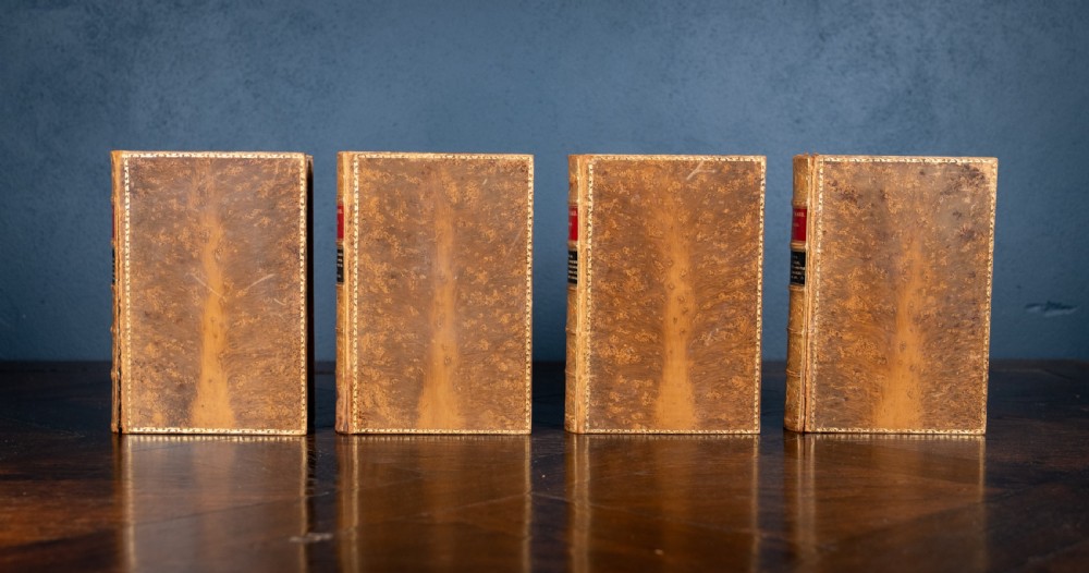 A four-volume set of 1881 Shakespeare leather-bound books standing upright, featuring heavily gilt-tooled spines with red and black title labels. View VIII