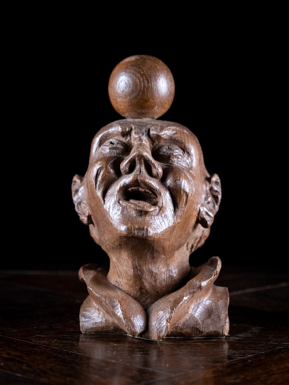 19th Century Carved Oak Balancing Ball Newel Post Finial View II