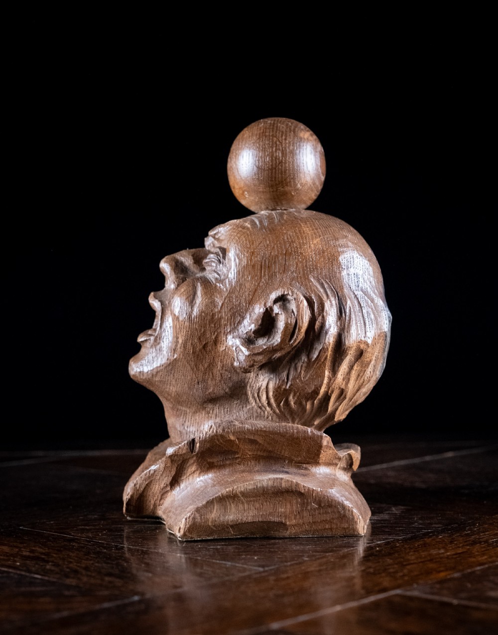 19th Century Carved Oak Balancing Ball Newel Post Finial View III