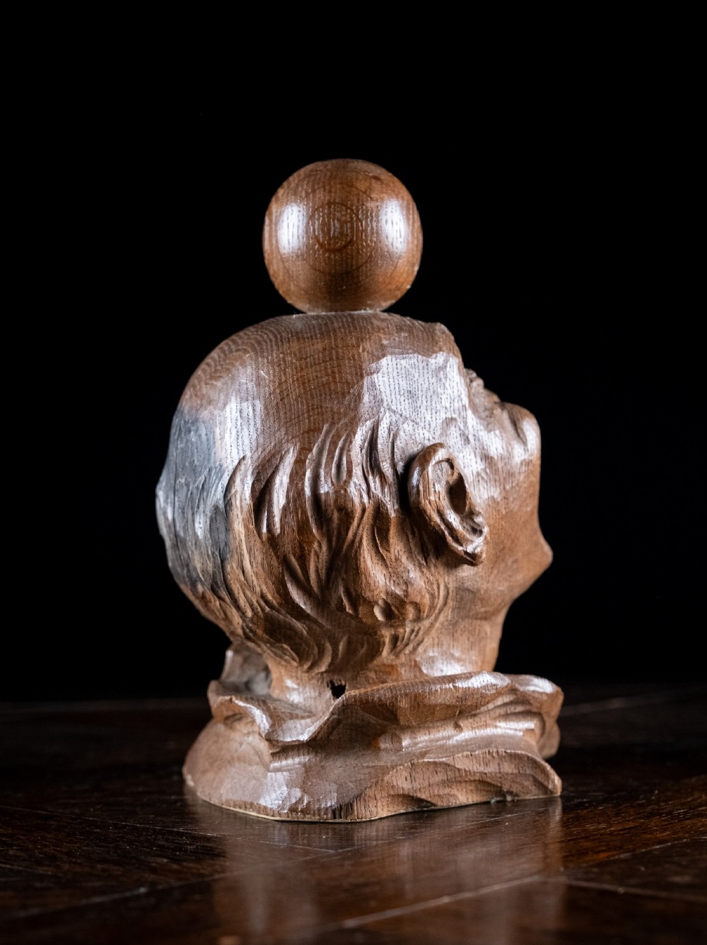 19th Century Carved Oak Balancing Ball Newel Post Finial View VI