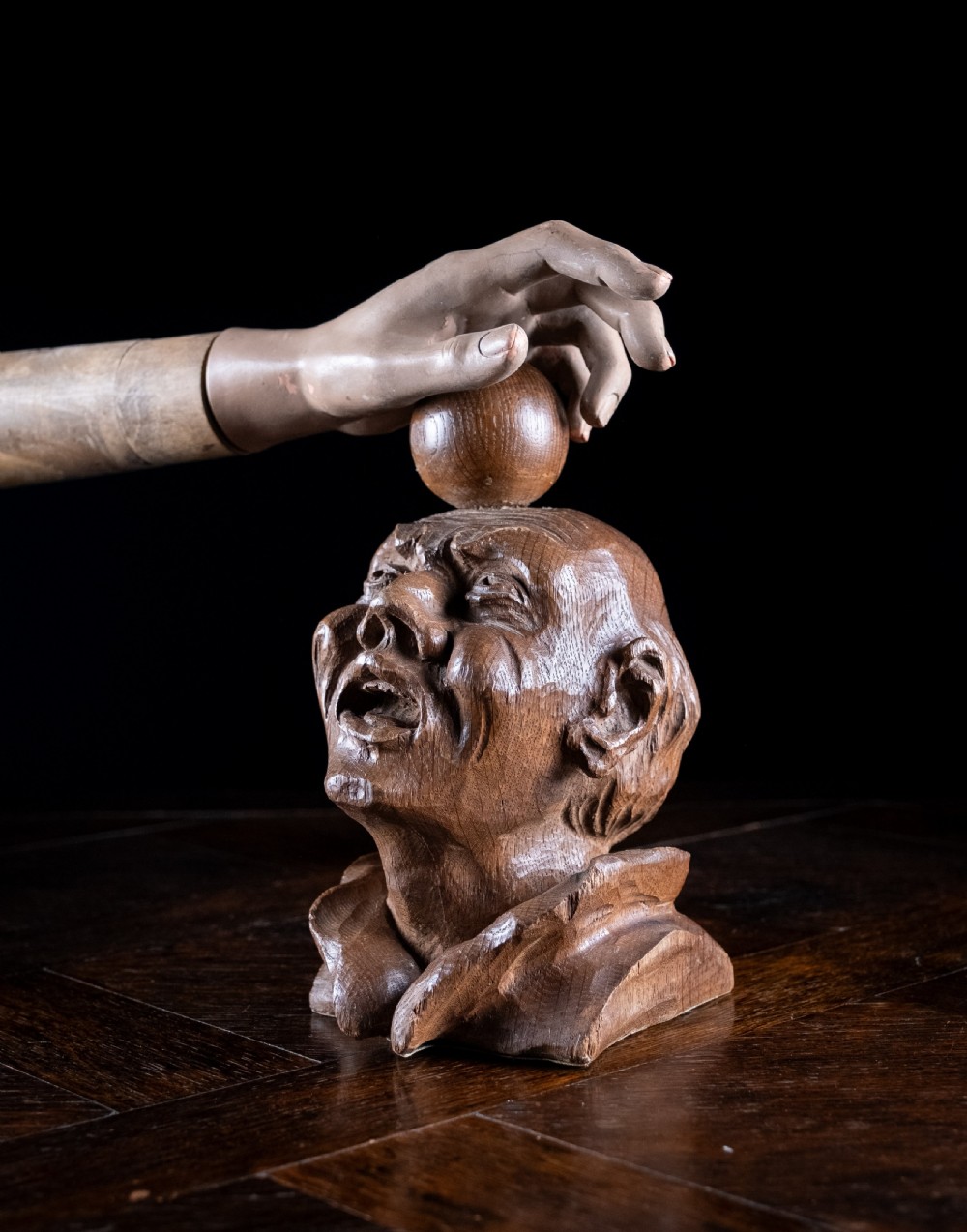 19th Century Carved Oak Balancing Ball Newel Post Finial View IX