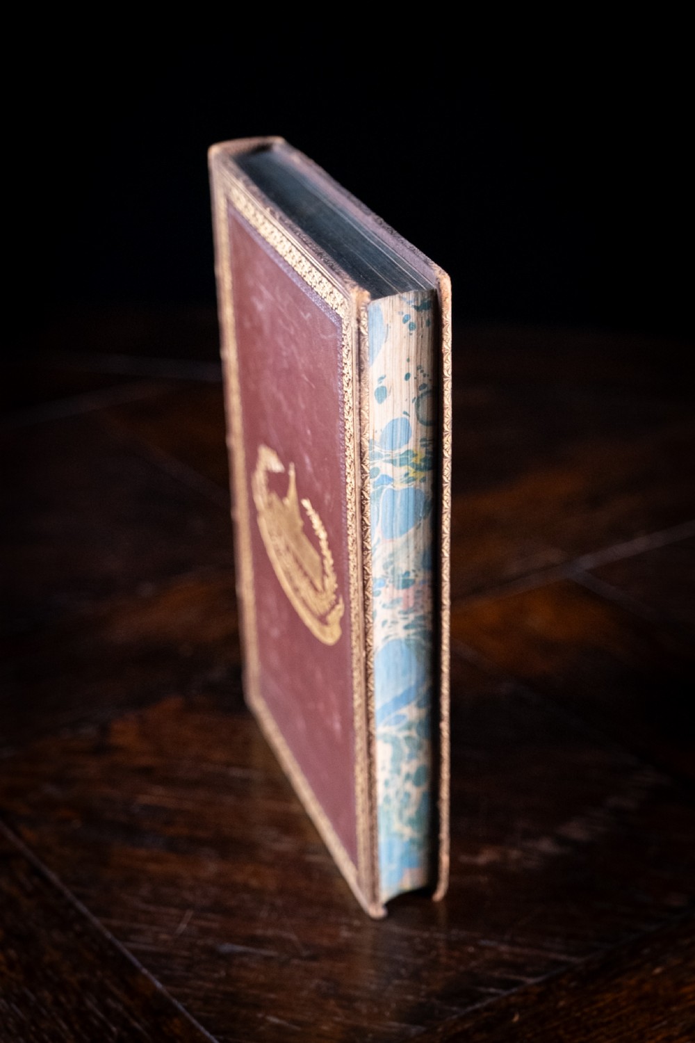 A 1850 Victorian leather-bound book featuring gold gilt floral tooling on the spine and a black title label. View V