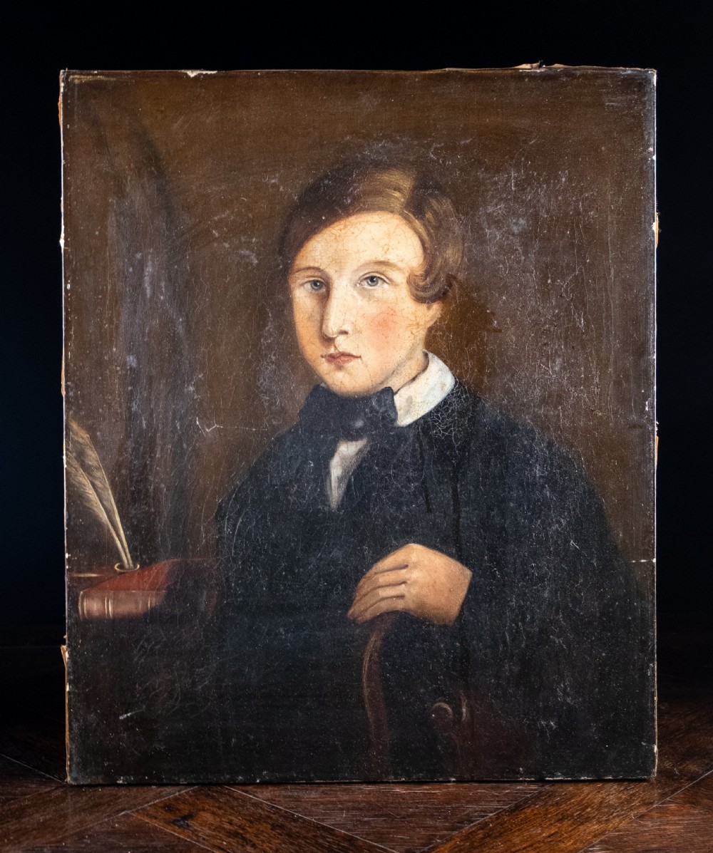 19th Century Portrait Of Young Man By Desk. Naive School. Oil On Canvas. 