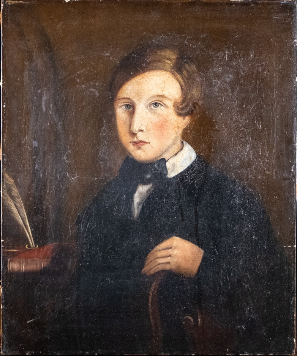 19th Century Portrait Of Young Man By Desk. Naive School. Oil On Canvas.  View II