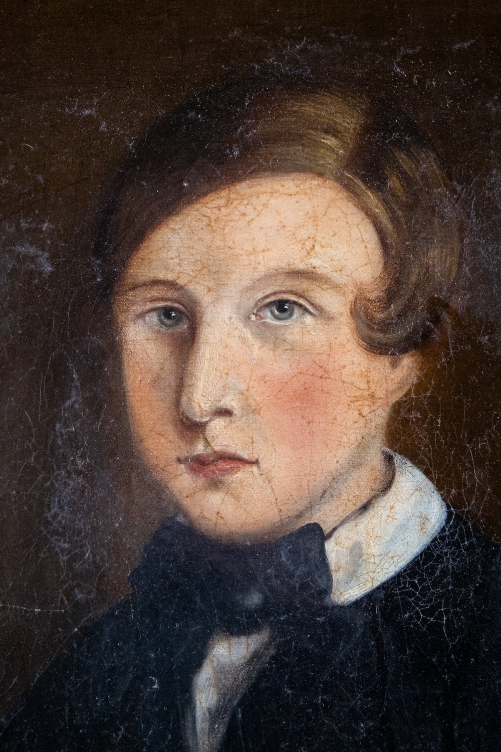19th Century Portrait Of Young Man By Desk. Naive School. Oil On Canvas.  View III