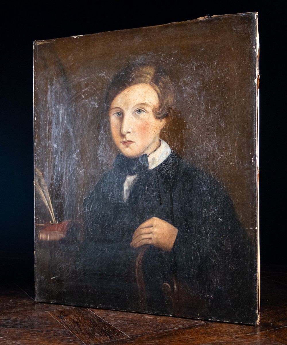 19th Century Portrait Of Young Man By Desk. Naive School. Oil On Canvas.  View VI