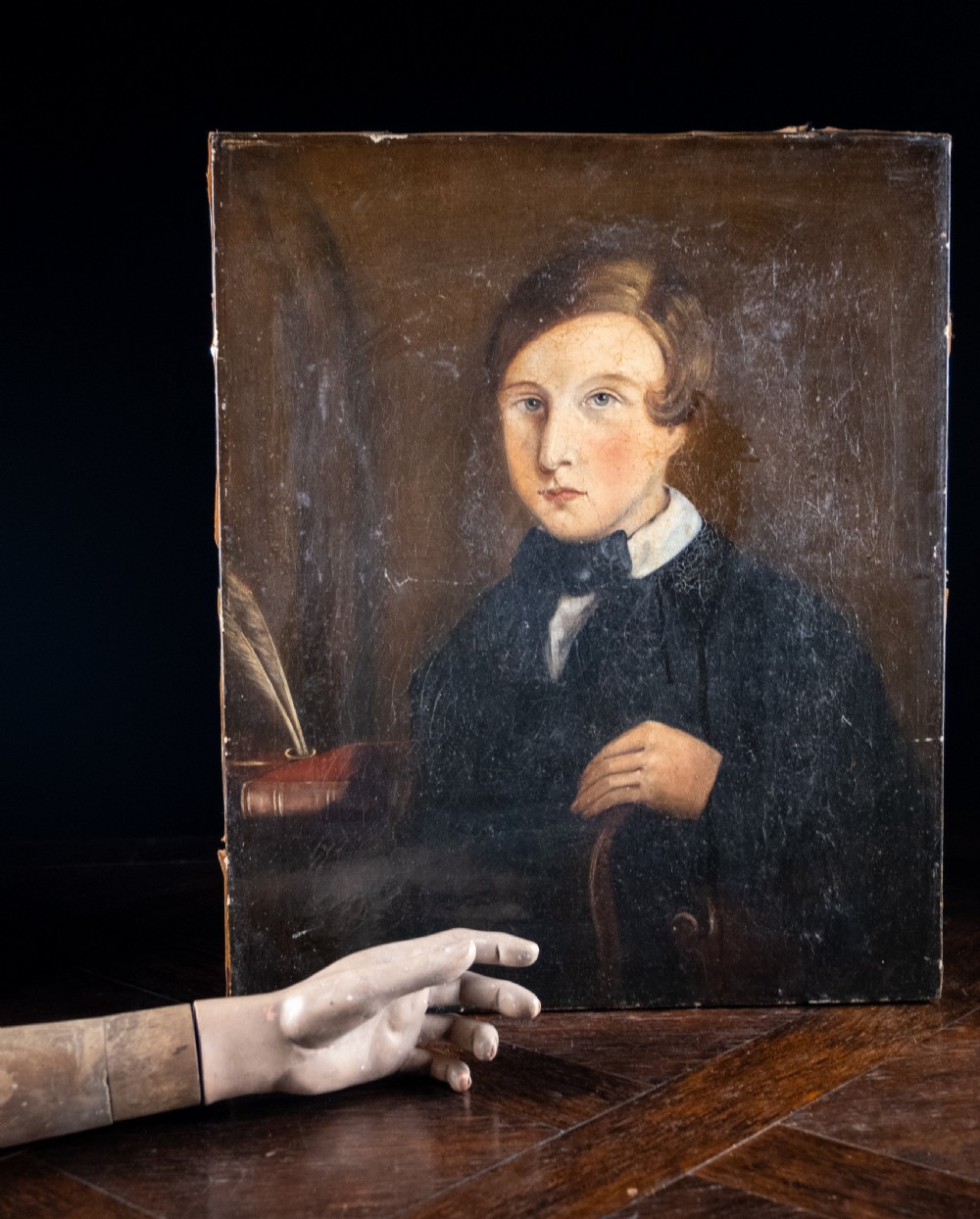 19th Century Portrait Of Young Man By Desk. Naive School. Oil On Canvas.  View VII
