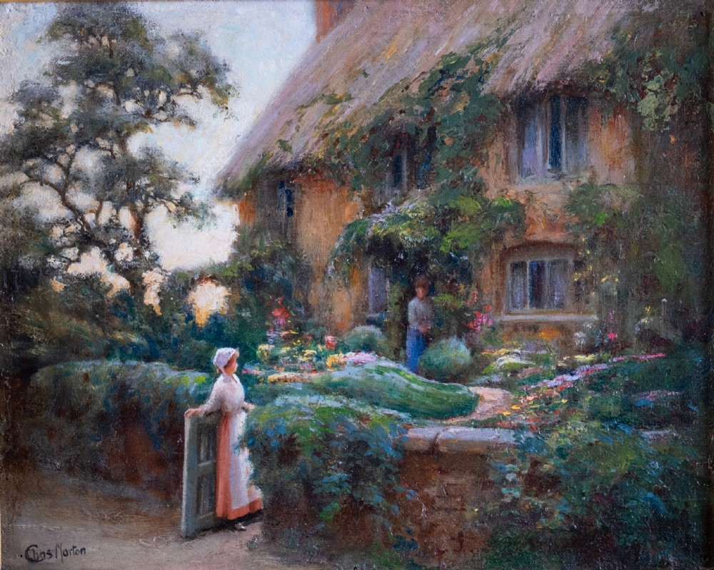 Charles William Norton (c.1870- 1946) - Thatched Cottage At Twilight. Oil On Canvas.  View II