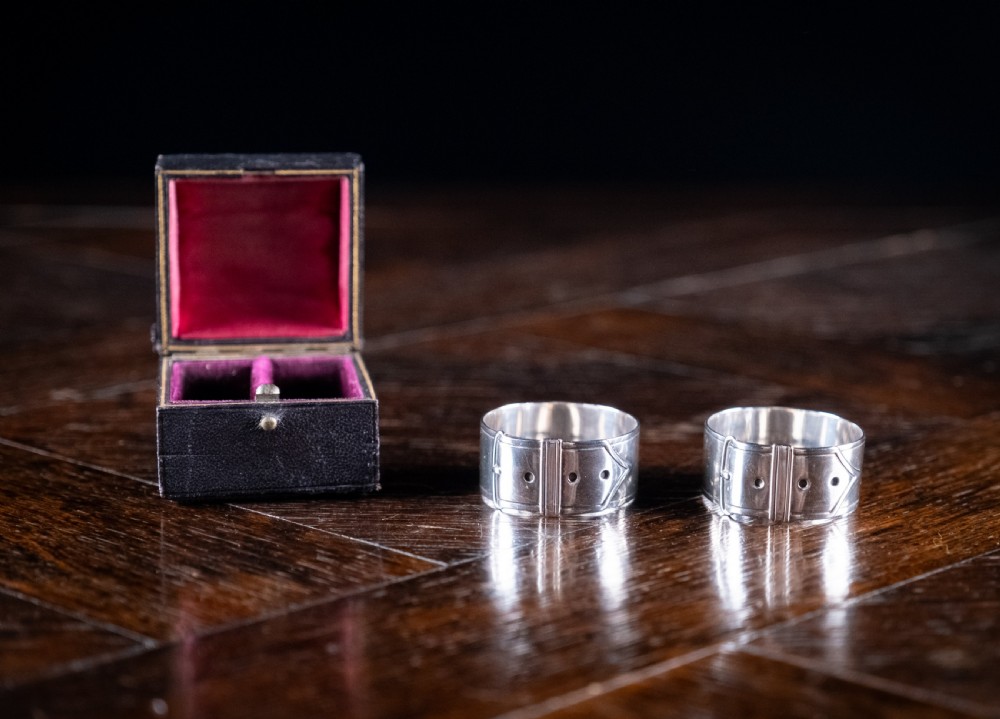 Cased Pair Silver Belt Buckle Napkin Rings by James Dixon & Sons, 1894. View III