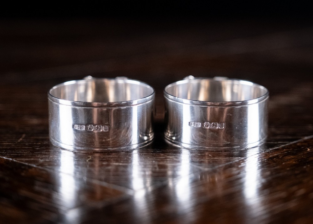 Cased Pair Silver Belt Buckle Napkin Rings by James Dixon & Sons, 1894. View V