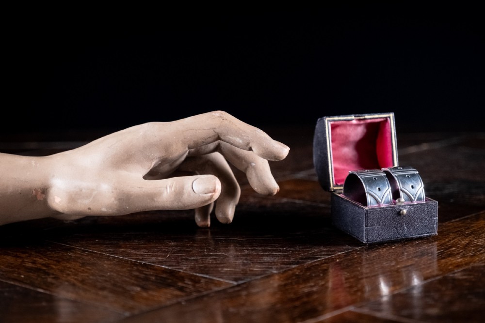 Cased Pair Silver Belt Buckle Napkin Rings by James Dixon & Sons, 1894. View VIII