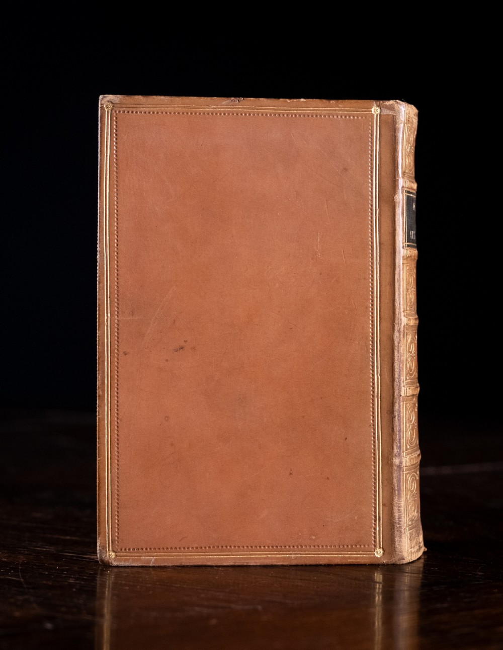 An 1857 tan leather-bound book titled Nineveh and Its Palaces featuring a gilded spine with raised bands and blind-tooled decoration. View III
