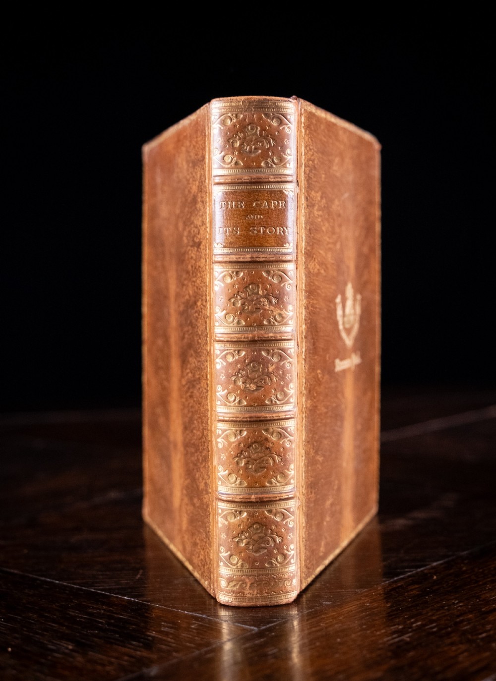 An Edwardian leather-bound book standing vertically, featuring a tan leather cover with detailed gold-tooled decorations and raised spine bands.