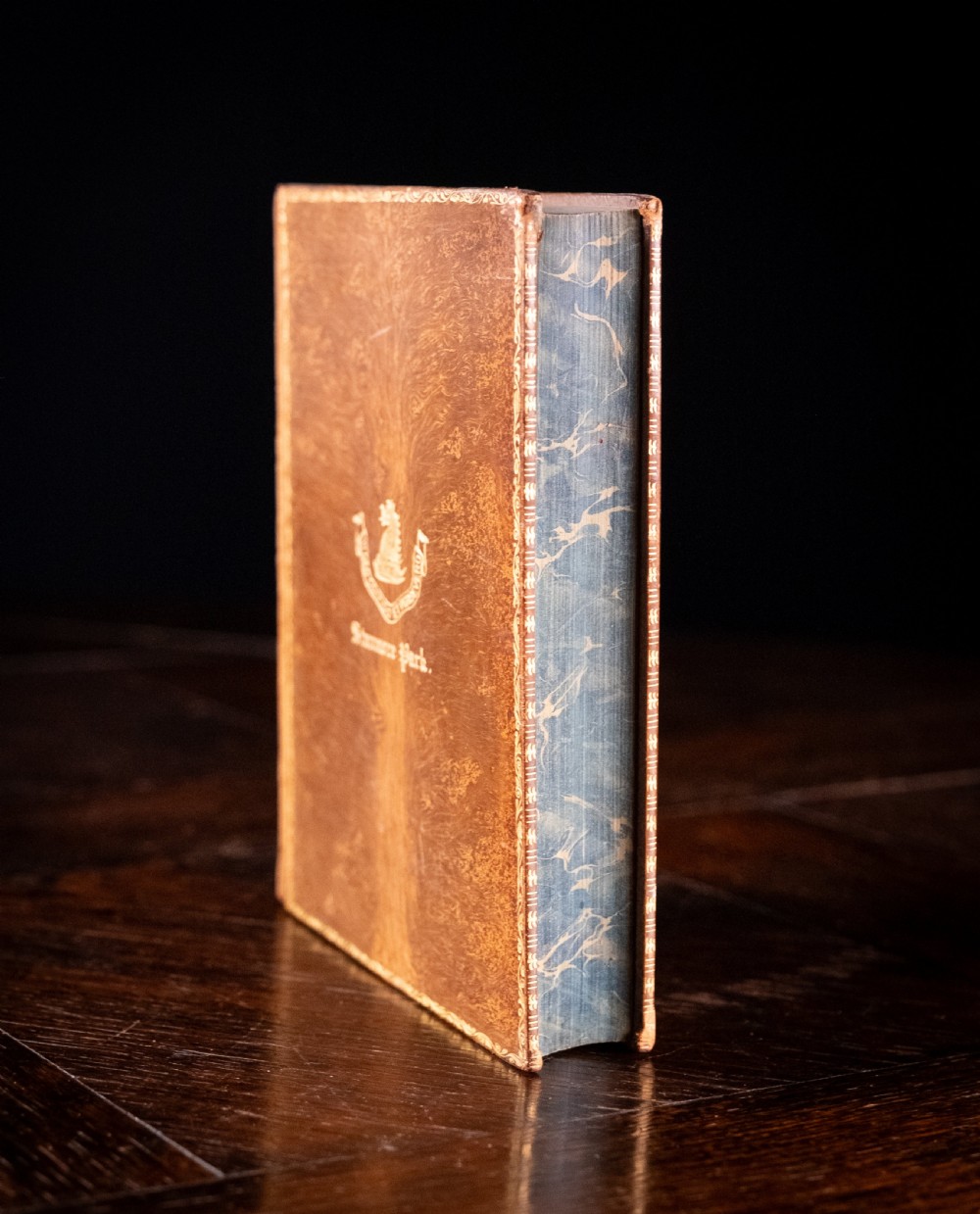 An Edwardian leather-bound book standing vertically, featuring a tan leather cover with detailed gold-tooled decorations and raised spine bands. View V