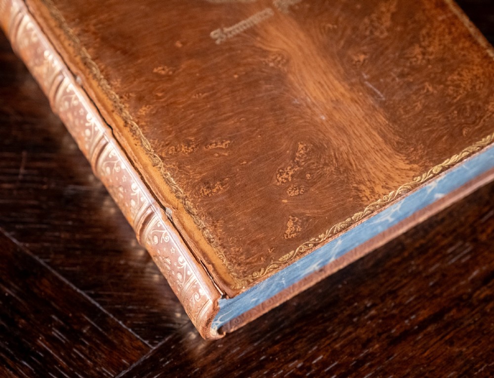 An Edwardian leather-bound book standing vertically, featuring a tan leather cover with detailed gold-tooled decorations and raised spine bands. View VII